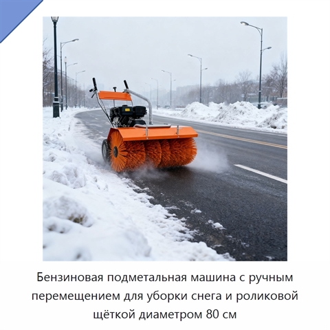 Бензиновая подметальная машина с ручным перемещением для уборки снега и роликовой щёткой диаметром 80 см
