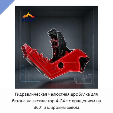 Гидравлическая челюстная дробилка для бетона на экскаватор 4–24 т с вращением на 360° и широким зевом