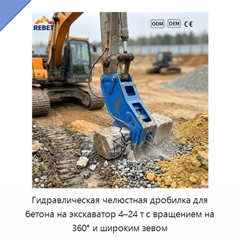 Гидравлическая челюстная дробилка для бетона на экскаватор 4–24 т с вращением на 360° и широким зевом