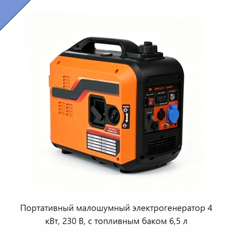 Портативный малошумный электрогенератор 4 кВт, 230 В, с топливным баком 6,5 л