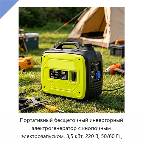 Портативный бесщёточный инверторный электрогенератор с кнопочным электрозапуском, 3,5 кВт, 220 В, 50/60 Гц