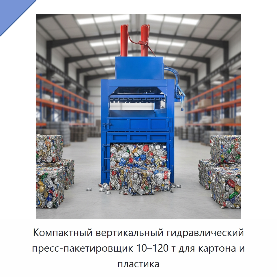 Компактный вертикальный гидравлический пресс-пакетировщик 10–120 т для картона и пластика — Пакетировочные прессы