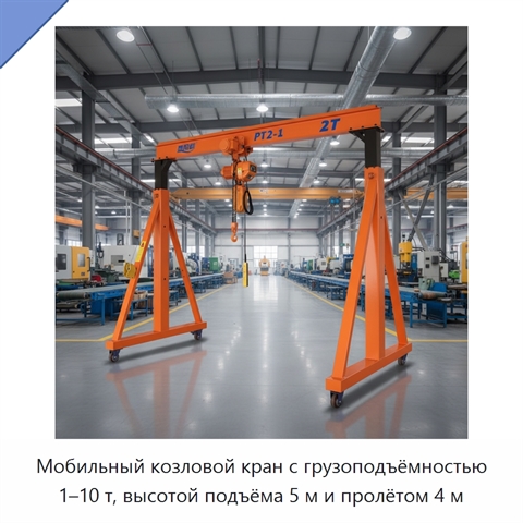 Мобильный козловой кран с грузоподъёмностью 1–10 т, высотой подъёма 5 м и пролётом 4 м