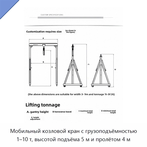 Мобильный козловой кран с грузоподъёмностью 1–10 т, высотой подъёма 5 м и пролётом 4 м