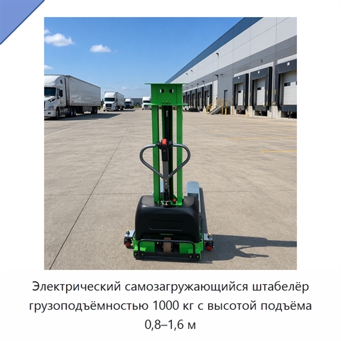 Электрический самозагружающийся штабелёр грузоподъёмностью 1000 кг с высотой подъёма 0,8–1,6 м