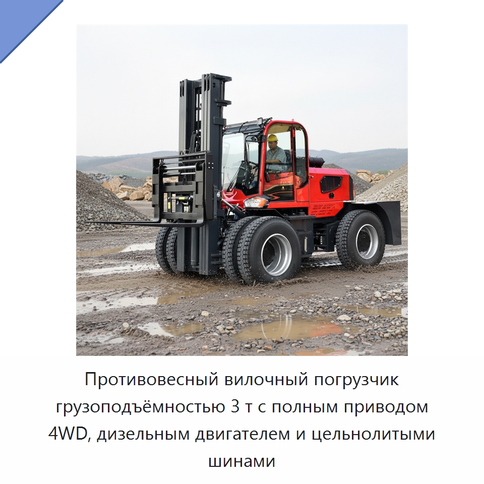 Противовесный вилочный погрузчик грузоподъёмностью 3 т с полным приводом 4WD, дизельным двигателем и цельнолитыми шинами — Вилочные погрузчики