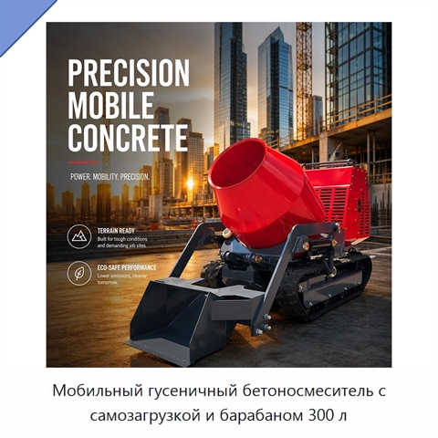 Мобильный гусеничный бетоносмеситель с самозагрузкой и барабаном 300 л