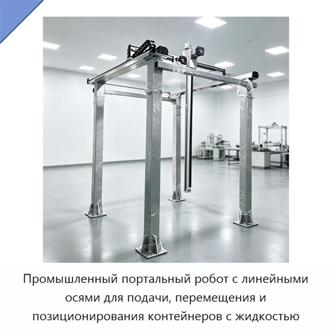 Промышленный портальный робот с линейными осями для подачи, перемещения и позиционирования контейнеров с жидкостью