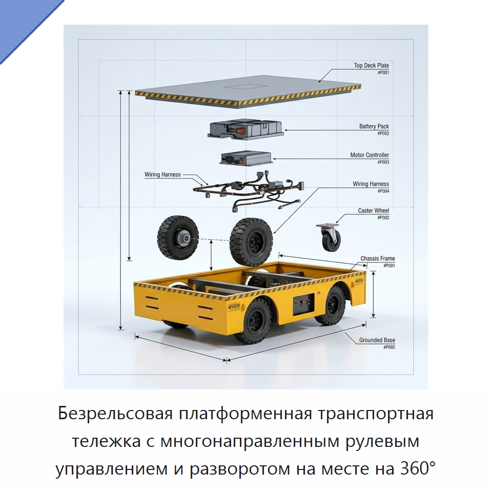 Безрельсовая платформенная транспортная тележка с многонаправленным рулевым управлением и разворотом на месте на 360° — Комплектующие для подъемно-транспортного оборудования