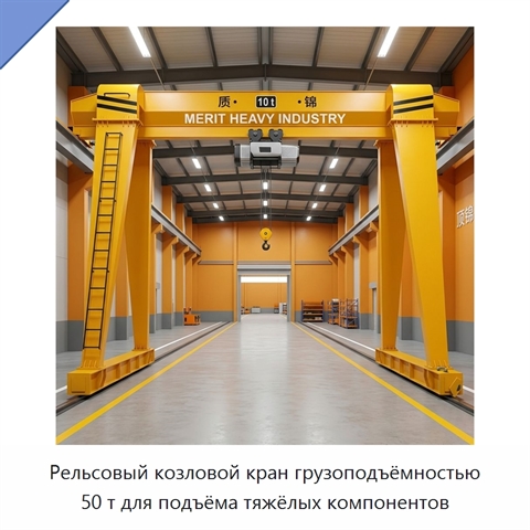 Рельсовый козловой кран грузоподъёмностью 50 т для подъёма тяжёлых компонентов