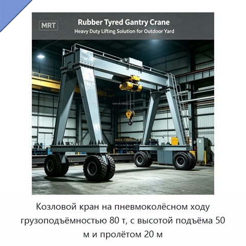 Козловой кран на пневмоколёсном ходу грузоподъёмностью 80 т, с высотой подъёма 50 м и пролётом 20 м