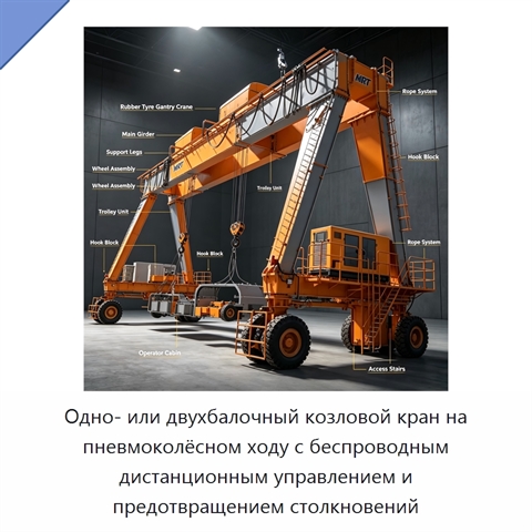 Одно- или двухбалочный козловой кран на пневмоколёсном ходу с беспроводным дистанционным управлением и предотвращением столкновений