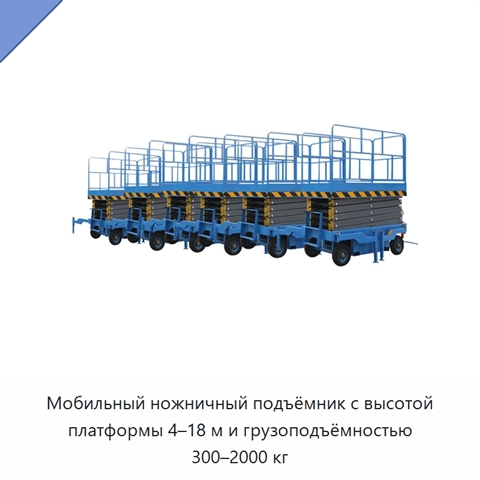 Мобильный ножничный подъёмник с высотой платформы 4–18 м и грузоподъёмностью 300–2000 кг