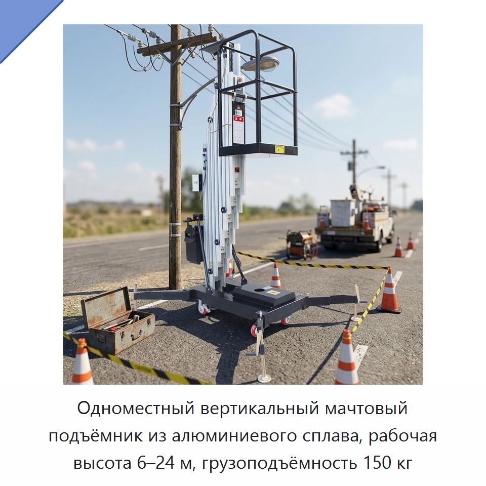 Одноместный вертикальный мачтовый подъёмник из алюминиевого сплава, рабочая высота 6–24 м, грузоподъёмность 150 кг — Подъемные столы