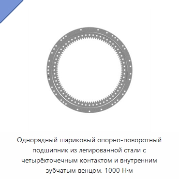 Однорядный шариковый опорно-поворотный подшипник из легированной стали с четырёхточечным контактом и внутренним зубчатым венцом, 1000 Н·м — Опорно-поворотные подшипники