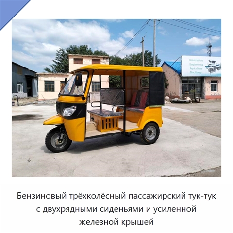 Бензиновый трёхколёсный пассажирский тук-тук с двухрядными сиденьями и усиленной железной крышей
