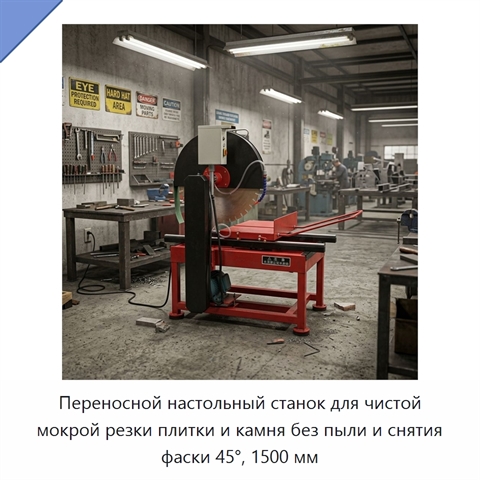 Переносной настольный станок для чистой мокрой резки плитки и камня без пыли и снятия фаски 45°, 1500 мм