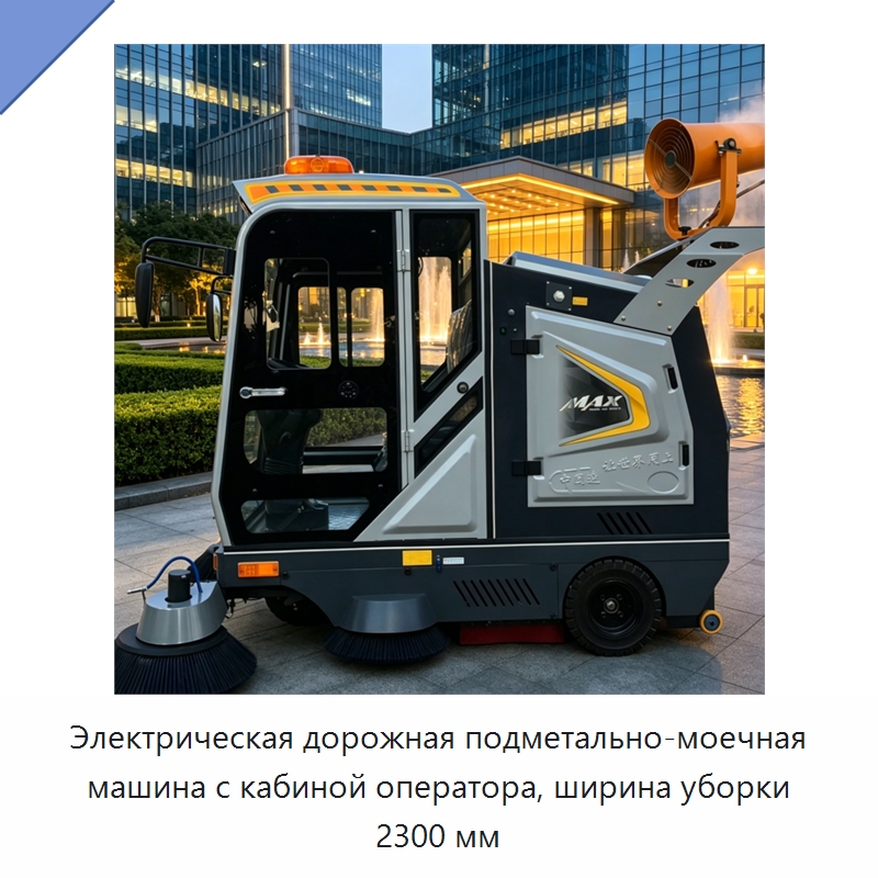 Электрическая дорожная подметально-моечная машина с кабиной оператора, ширина уборки 2300 мм — Коммунальная техника