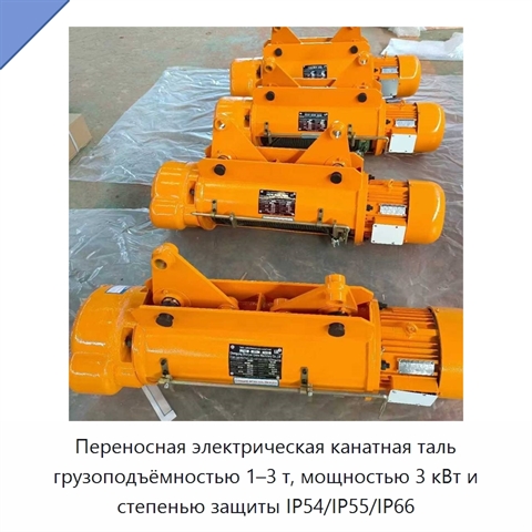 Переносная электрическая канатная таль грузоподъёмностью 1–3 т, мощностью 3 кВт и степенью защиты IP54/IP55/IP66