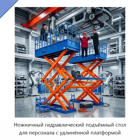 Ножничный гидравлический подъёмный стол для персонала с удлинённой платформой
