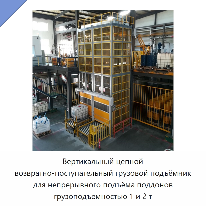 Вертикальный цепной возвратно-поступательный грузовой подъёмник для непрерывного подъёма поддонов грузоподъёмностью 1 и 2 т — Подъемные столы