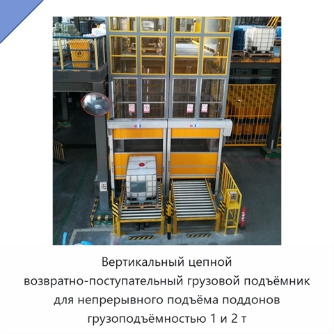 Вертикальный цепной возвратно-поступательный грузовой подъёмник для непрерывного подъёма поддонов грузоподъёмностью 1 и 2 т