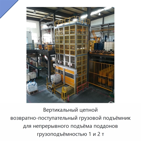 Вертикальный цепной возвратно-поступательный грузовой подъёмник для непрерывного подъёма поддонов грузоподъёмностью 1 и 2 т