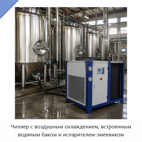 Чиллер с воздушным охлаждением, встроенным водяным баком и испарителем-змеевиком
