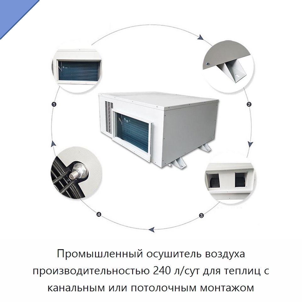 Промышленный осушитель воздуха производительностью 240 л/сут для теплиц с канальным или потолочным монтажом