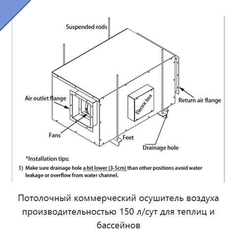 Потолочный коммерческий осушитель воздуха производительностью 150 л/сут для теплиц и бассейнов