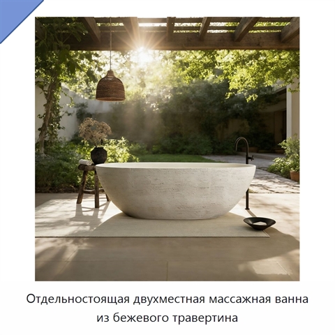 Отдельностоящая двухместная массажная ванна из бежевого травертина