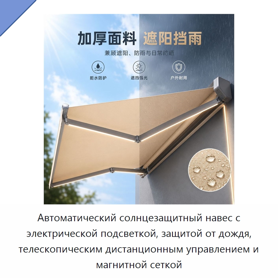 Автоматический солнцезащитный навес с электрической подсветкой, защитой от дождя, телескопическим дистанционным управлением и магнитной сеткой