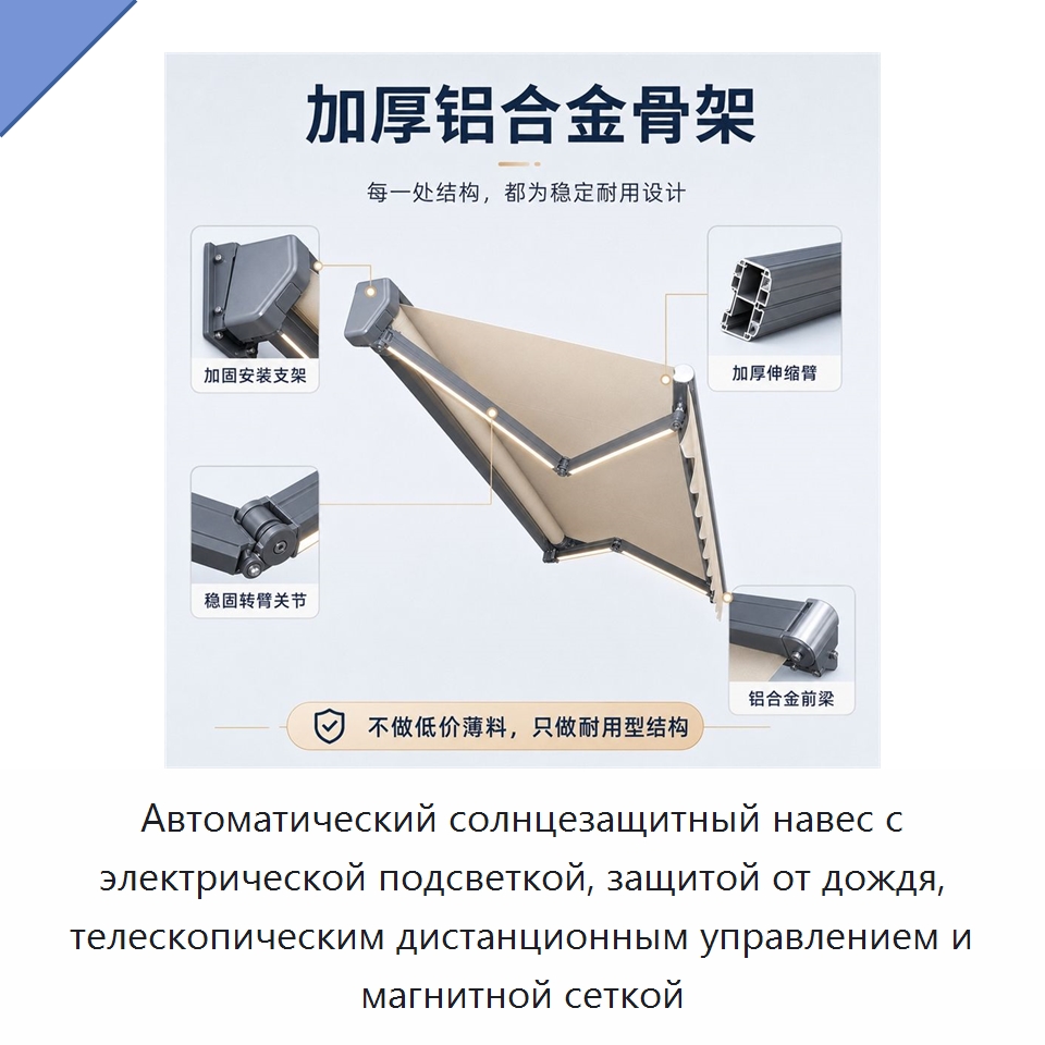 Автоматический солнцезащитный навес с электрической подсветкой, защитой от дождя, телескопическим дистанционным управлением и магнитной сеткой