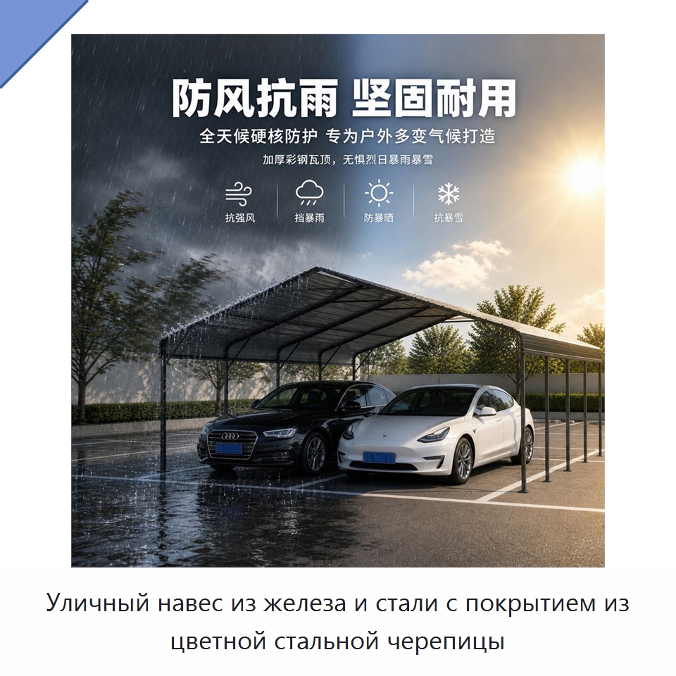 Уличный навес из железа и стали с покрытием из цветной стальной черепицы