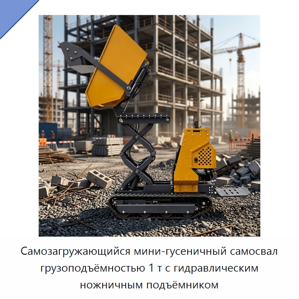Самозагружающийся мини-гусеничный самосвал грузоподъёмностью 1 т с гидравлическим ножничным подъёмником