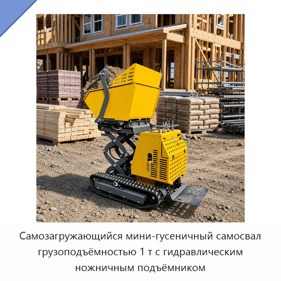 Самозагружающийся мини-гусеничный самосвал грузоподъёмностью 1 т с гидравлическим ножничным подъёмником