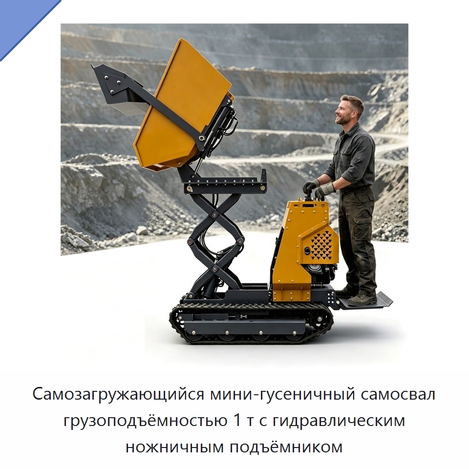 Самозагружающийся мини-гусеничный самосвал грузоподъёмностью 1 т с гидравлическим ножничным подъёмником