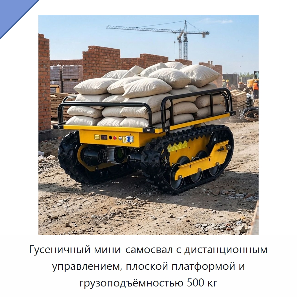 Гусеничный мини-самосвал с дистанционным управлением, плоской платформой и грузоподъёмностью 500 кг