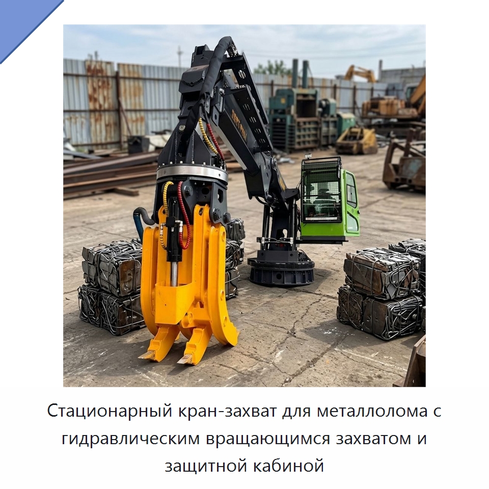 Стационарный кран-захват для металлолома с гидравлическим вращающимся захватом и защитной кабиной — Лесохозяйственная техника
