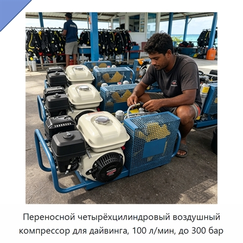 Переносной четырёхцилиндровый воздушный компрессор для дайвинга, 100 л/мин, до 300 бар