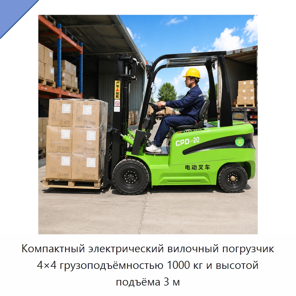 Компактный электрический вилочный погрузчик 4×4 грузоподъёмностью 1000 кг и высотой подъёма 3 м — Вилочные погрузчики