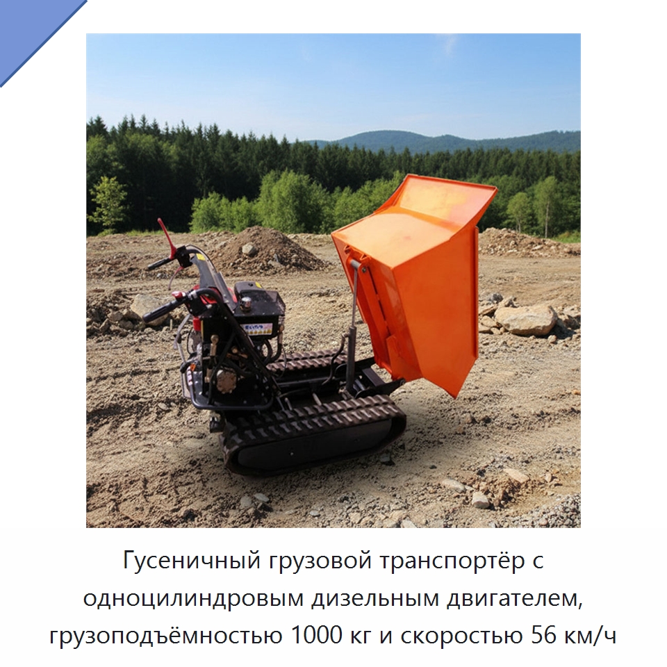 Гусеничный грузовой транспортёр с одноцилиндровым дизельным двигателем, грузоподъёмностью 1000 кг и скоростью 56 км/ч — Специальная строительная техника