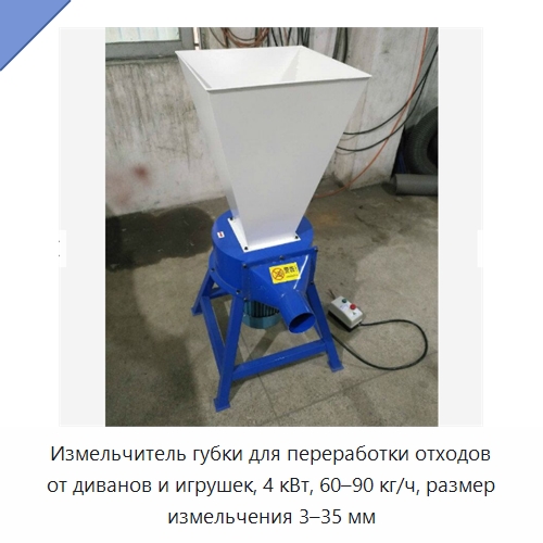 Измельчитель губки для переработки отходов от диванов и игрушек, 4 кВт, 60–90 кг/ч, размер измельчения 3–35 мм — Специальные машины и промышленное оборудование