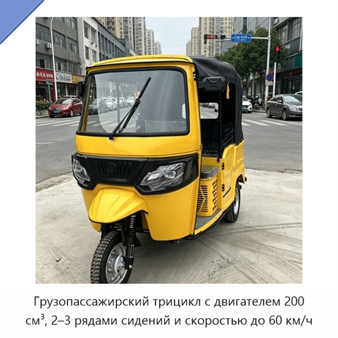 Грузопассажирский трицикл с двигателем 200 см³, 2–3 рядами сидений и скоростью до 60 км/ч