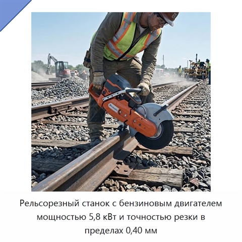 Рельсорезный станок с бензиновым двигателем мощностью 5,8 кВт и точностью резки в пределах 0,40 мм