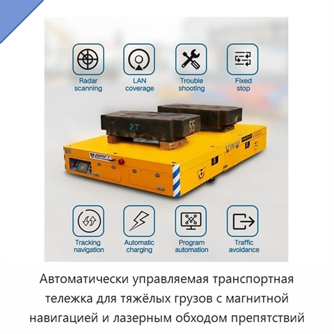 Автоматически управляемая транспортная тележка для тяжёлых грузов с магнитной навигацией и лазерным обходом препятствий