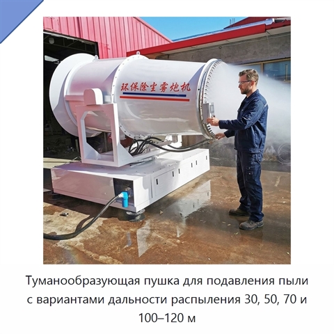 Туманообразующая пушка для подавления пыли с вариантами дальности распыления 30, 50, 70 и 100–120 м