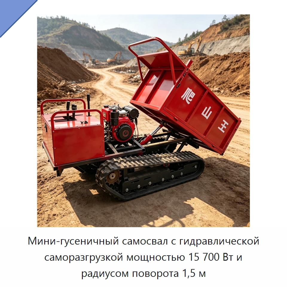 Мини-гусеничный самосвал с гидравлической саморазгрузкой мощностью 15 700 Вт и радиусом поворота 1,5 м — Землеройная техника
