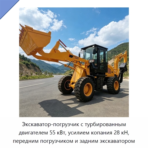 Экскаватор-погрузчик с турбированным двигателем 55 кВт, усилием копания 28 кН, передним погрузчиком и задним экскаватором