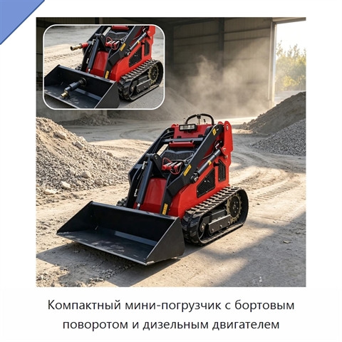 Компактный мини-погрузчик с бортовым поворотом и дизельным двигателем